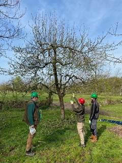 A group of men wearing hard hats and standing in a field

Description automatically generated